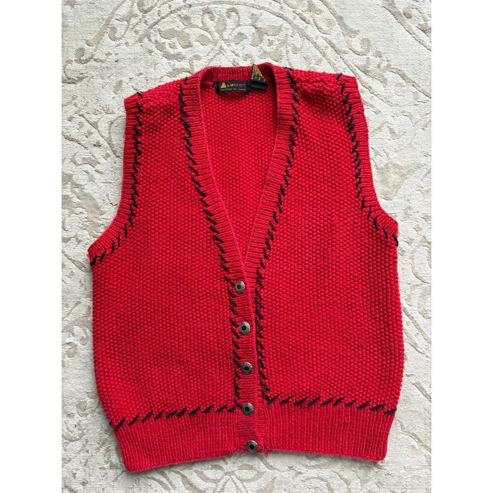 Vintage Lizsport Hand Knit Red Linen Cotton Button Vest Womens S Western Sweater - Picture 3 of 7
